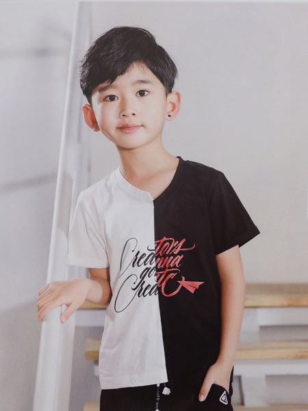 dishion的纯童装品牌2019春夏男童短袖纯棉休闲T恤儿童拼色t恤