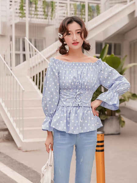 木丝语女装品牌2019春夏长袖韩版收腰系带波点喇叭袖上衣潮