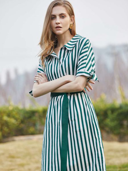 讴歌德 女装品牌2019春夏新款韩版气质修身中长款条纹衬衫裙