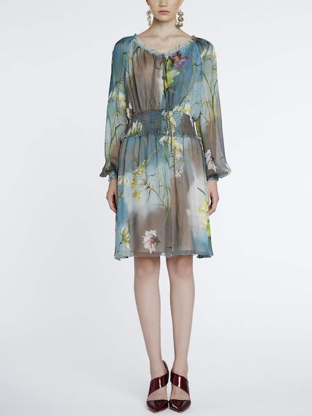 Anna Molinari安娜·莫里那瑞女装品牌2019春夏新款复古气质V领印花雪纺连衣裙中长款修身