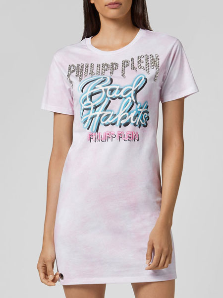 菲利浦·普莱因女装品牌2019春夏新款圆领修身休闲短袖印花T恤裙