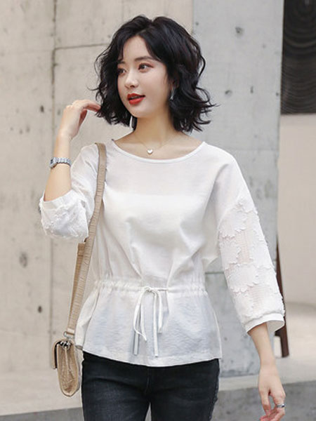高梵女装品牌2019春夏新款白色衬衫女韩版设计感收腰很仙短款衬衣百搭上衣
