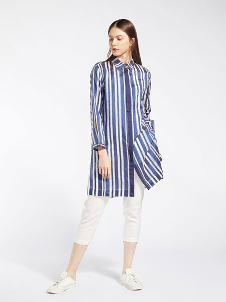 ORIGIN 安瑞井女装品牌2019春夏新款时尚大气竖条纹长款衬衫