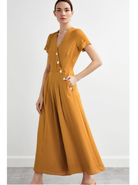 彼得希路女装品牌2019春夏新款时尚收腰系带显瘦短袖V领流行裙子