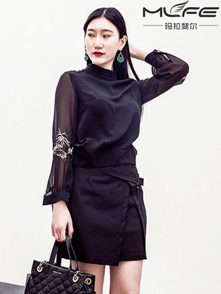 玛拉斐尔女装品牌2019春夏黑色中长款套头毛衣内搭长袖针织衫