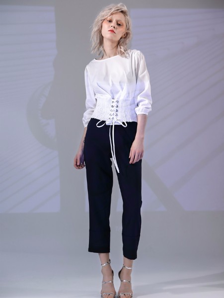 丹比奴女装品牌2019夏季抽绳束腰绑带中袖圆领衬衫