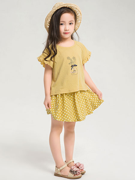 的純童裝品牌2019春夏新品韓版女童純棉套裝兔子T恤闊腿短褲套裝
