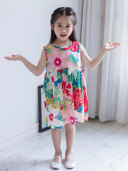 的純童裝品牌2019春夏韓版兒童印花連衣裙薄款女童純棉無袖背心裙
