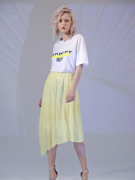 丹比奴女装品牌2019夏季微褶鹅黄不规则半裙
