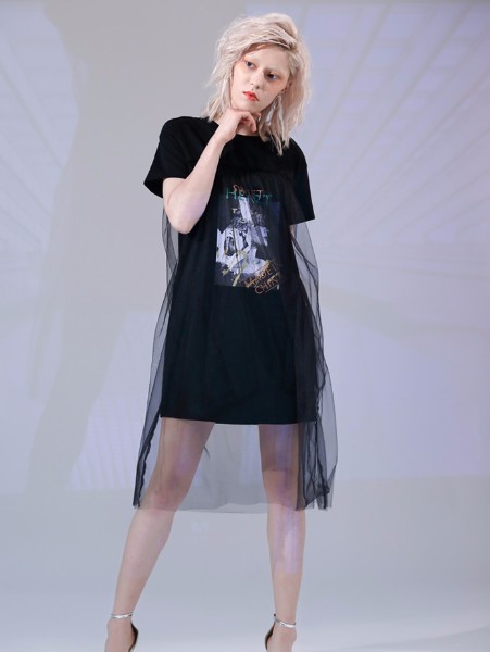 丹比奴女装品牌2019夏季网纱长T裙