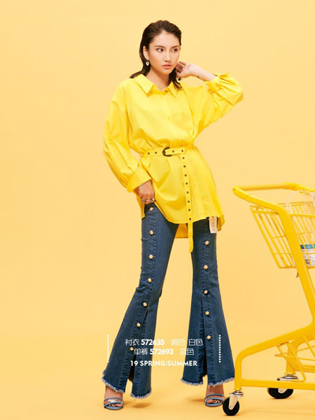 颜若蓝女装品牌2019春夏韩版宽松翻领长袖系带收腰纯色衬衫