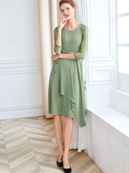 萨拉迪恩女装品牌2019春夏新款修身显瘦系带不规则绿色七分袖雪纺连衣裙