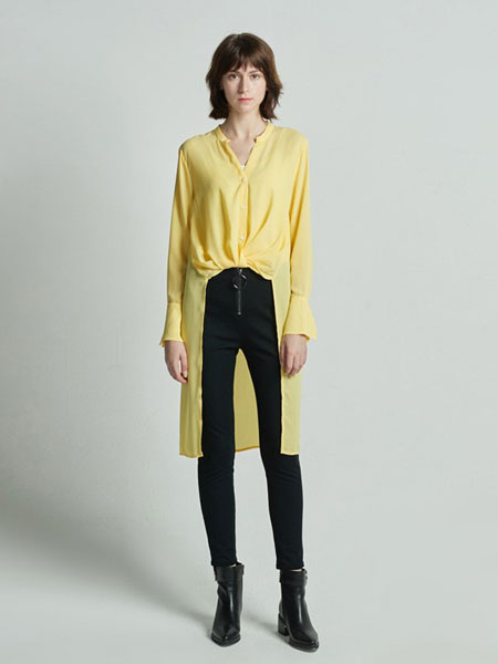 BearTwo女装品牌2019春夏浅黄色不规则前短后长中长款雪纺显瘦衬衫