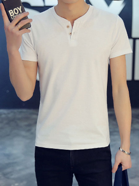 大白鲨男装品牌2019春夏新款韩版修身纯色短袖T恤