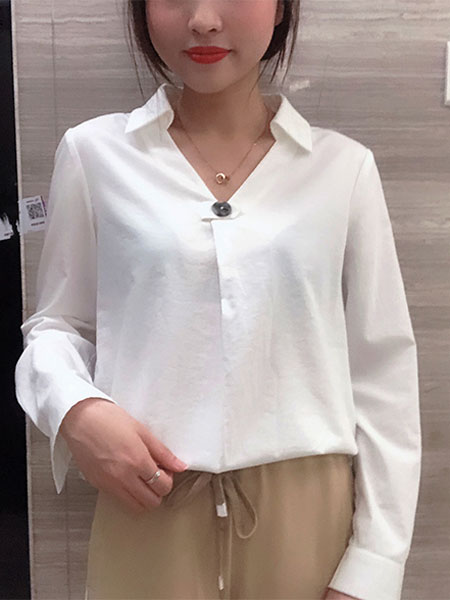 韩尚菲女装品牌2019春季新款韩范时尚衬衣百搭洋气V领衬衫