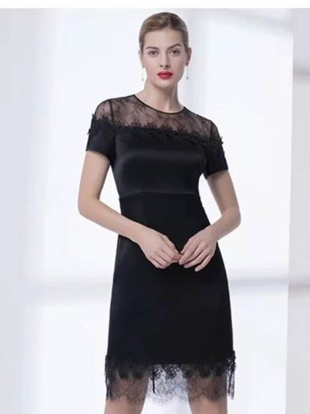 安泽雨女装品牌2019春夏新款黑色气质网纱蕾丝拼接连衣裙