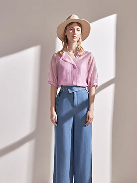 澳莉丝女装品牌2019春夏新款紫色V领亚麻衬衣防晒衫