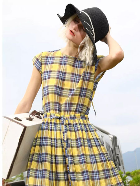 芮RUI女装品牌2019春夏新款纯棉格纹格子短袖收腰连身裙