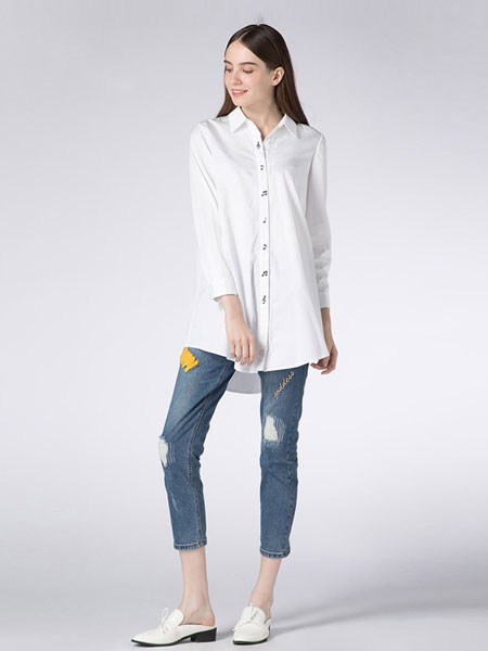 玳莎女装品牌2019春夏白色长袖衬衫韩版宽松直筒翻领上衣