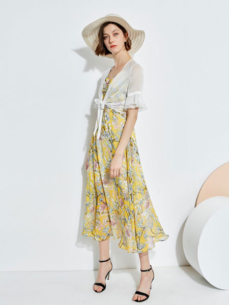欧炫尔女装品牌2019春夏新款韩版休闲花色吊带连衣裙开衫两件套