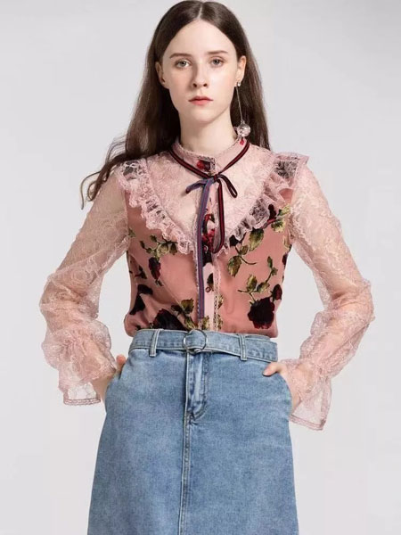 慕西 - MXIXILANG女装品牌2019春夏新款气质透视显瘦花色镂空蕾丝雪纺超仙上衣