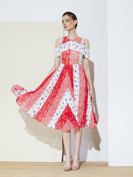 MIEGOAL麦谷风女装品牌2019春夏吊带拼接网纱短袖圆领两件套连衣裙
