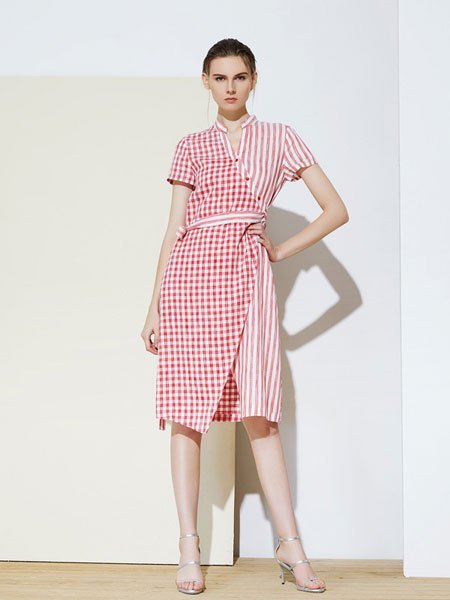 MIEGOAL麦谷风女装品牌2019春夏新品高腰系带红白格条纹拼接全棉中长款连衣裙
