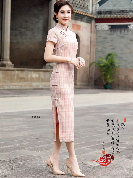 唐雅阁女装品牌2019春夏新款格子条纹旗袍裙中国风改良复古