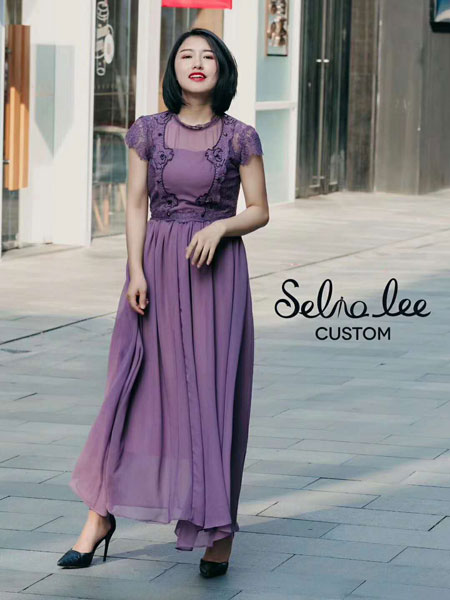 Selia Lee女装品牌2019春夏新款版紫色蕾丝收腰长裙a字雪纺连衣裙子