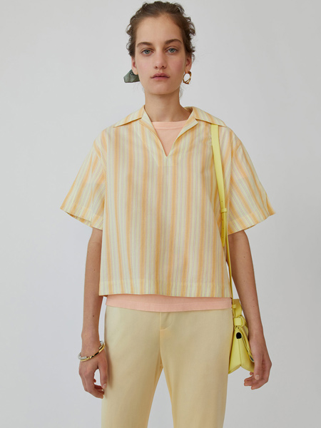 Acne Studios女装品牌2019春夏新款 纯棉拼色条纹V领休闲宽松衬衫
