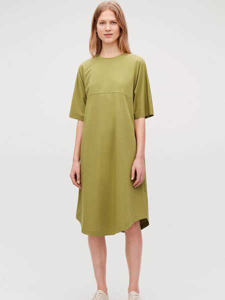 Collection of StyleCOS休闲品牌2019春夏新款宽松显瘦五分袖a字拼接圆领橄榄绿色连衣裙
