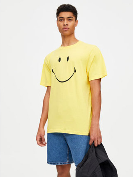 Pull&Bear休闲品牌2019春夏新款微笑表情黄色男士短袖T恤