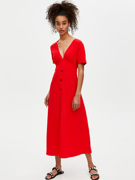 Pull&Bear休闲品牌2019春夏新款红色仙女气质收腰长款连衣裙