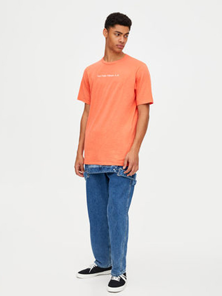 Pull&Bear休闲品牌2019春夏新款印字橙色男士短袖T恤