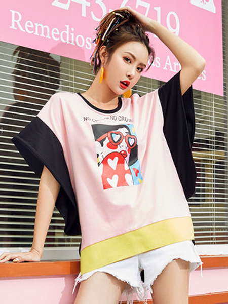 玛玛绨女装品牌2019春夏新款时尚拼接撞色蝙蝠袖t恤女韩版宽松短袖上衣潮