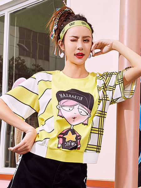 玛玛绨女装品牌2019春夏新款时尚可爱拼接撞色格子t恤女韩版宽松短袖上衣