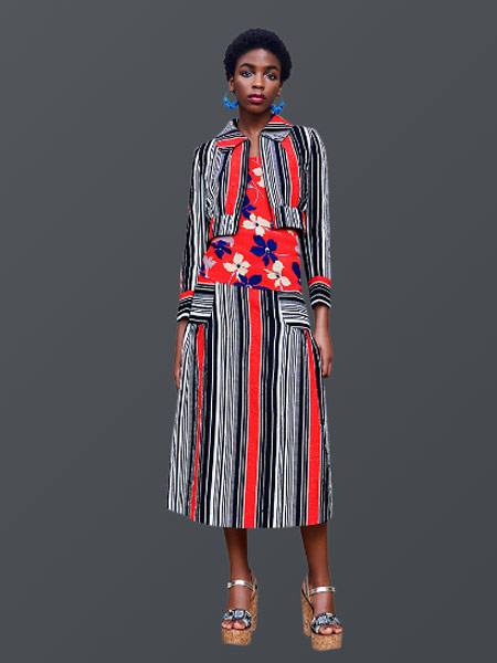 Duro Olowu杜罗·奥罗伍女装品牌2019春夏新款条纹高腰文艺气质显瘦修身长款收腰连衣裙