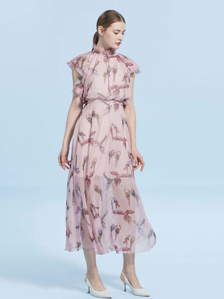 CAROLINE卡洛琳女装品牌2019春夏新款高腰荷叶边袖系带连衣长裙
