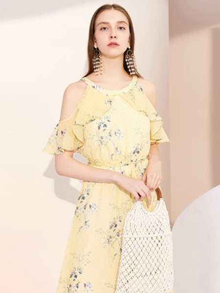 拉夏贝尔女装品牌2019春夏新款小清新收腰中长款雪纺裙子气质碎花连衣裙
