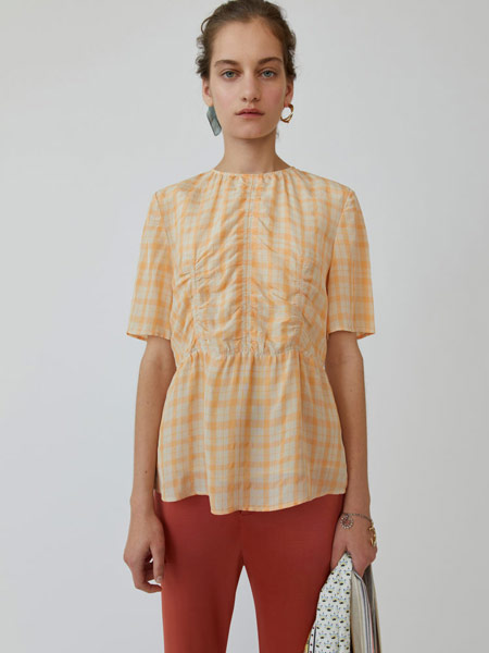 Bruno Pieters布鲁诺·皮特斯女装品牌2019春夏新款时尚橙米色抽褶格纹衬衫