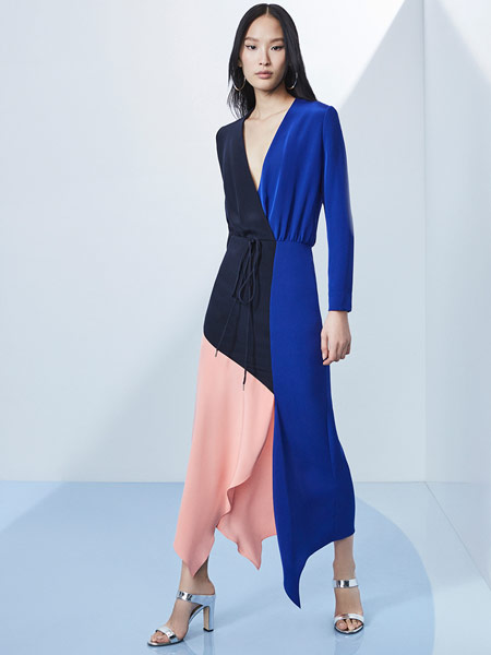Belfe女装品牌2019春夏新款V领拼色个性时尚不对称长袖显瘦高腰中长款连衣裙