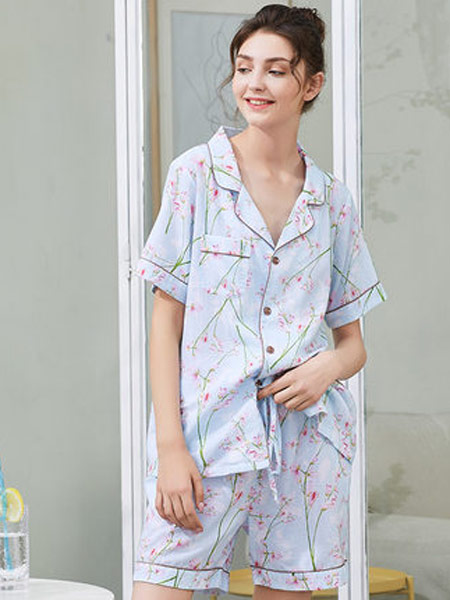美标内衣品牌2019春夏新款短袖棉质睡衣套装甜美植物花卉薄款家居服