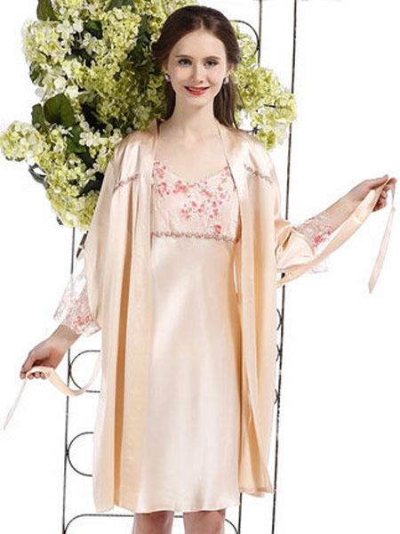 美标内衣品牌2019春夏新款时尚睡裙浴袍丝绸吊带睡袍两件套