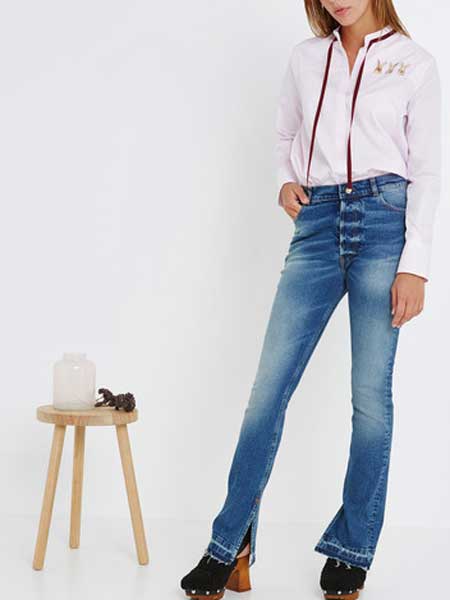 Paul&Joe女装品牌2019春夏新款高腰系扣修身喇叭牛仔裤