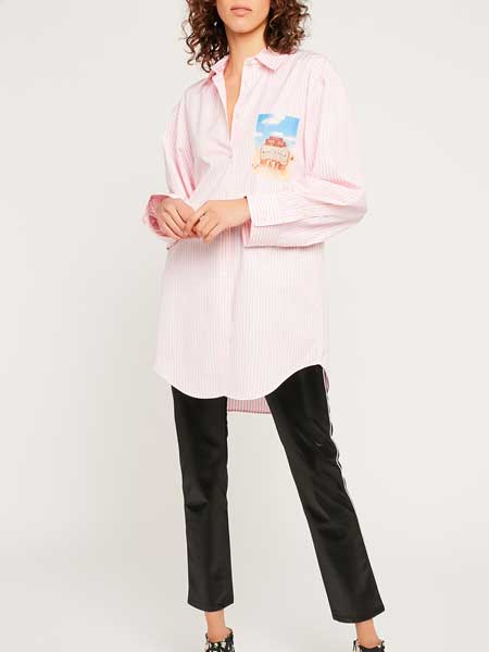 Barbara Tfank芭芭拉·范可女装品牌2019春夏新款粉红色条纹翻领长袖印花衬衫休闲宽松
