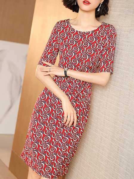 隆缘裳女装品牌2019春夏新款修身气质复古印花红色一步裙高腰连衣裙