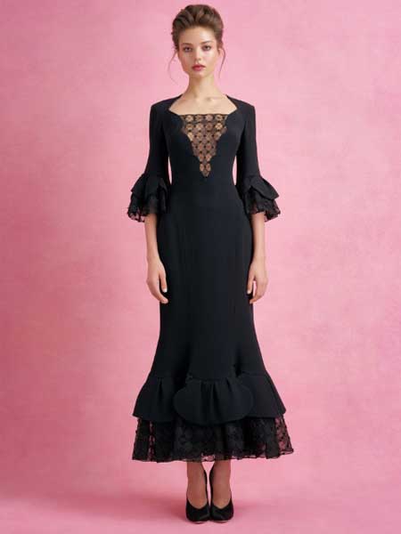 Iris van Herpen艾里斯·范·荷本女装品牌2019春夏新款宴会名媛中长款洋装长袖高贵黑色小礼服裙