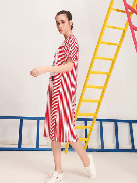 娅铂·周末女装品牌2019春夏拼接短袖连衣裙中长款衬衫裙