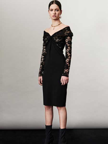 Francesco Scognamiglio弗朗西斯科·斯科涅米格里欧女装品牌新款时尚性感V领蕾丝拼接包臀长袖绷带连衣裙