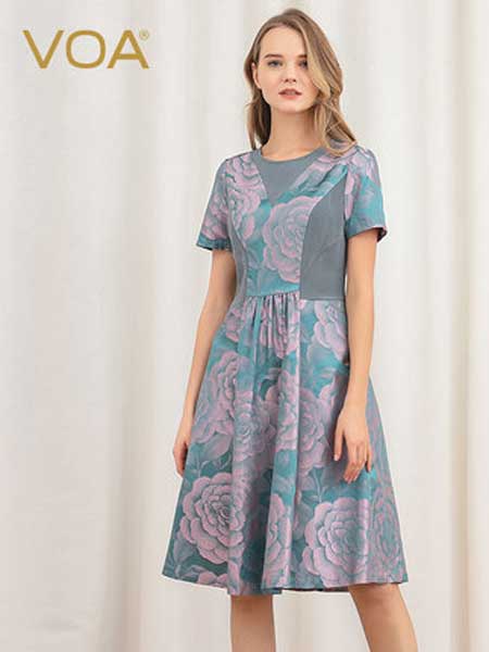 维欧艾女装品牌2019春夏新款真丝色织提花圆领短袖撞色拼接中长款X型修身连衣裙